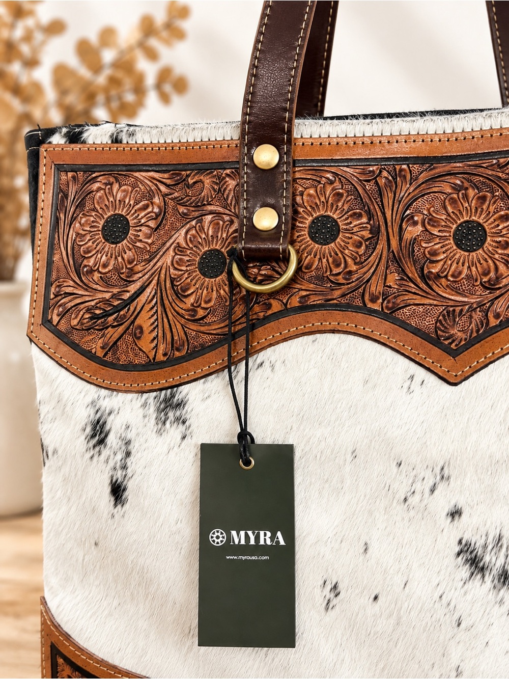 Myra Hair-On Hide Weekender XL Tooled Leather Western Travel Bag NWT - Picture 6 of 12